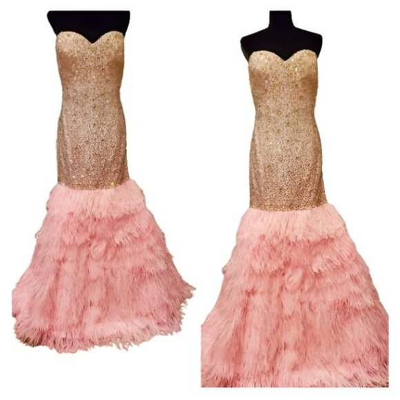 Evening Wedding Cocktail Runway Beaded Crystals Ostrich Feathers Couture Dress - Picture 15 of 16